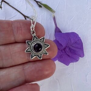 Genuine Purple Amethyst 925 Sterling Silver Pendant Sun Design